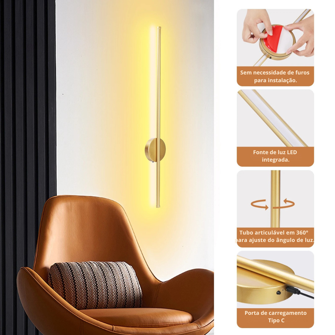 Arandela LED Linear Dourada Sem Fio com Controle 50cm