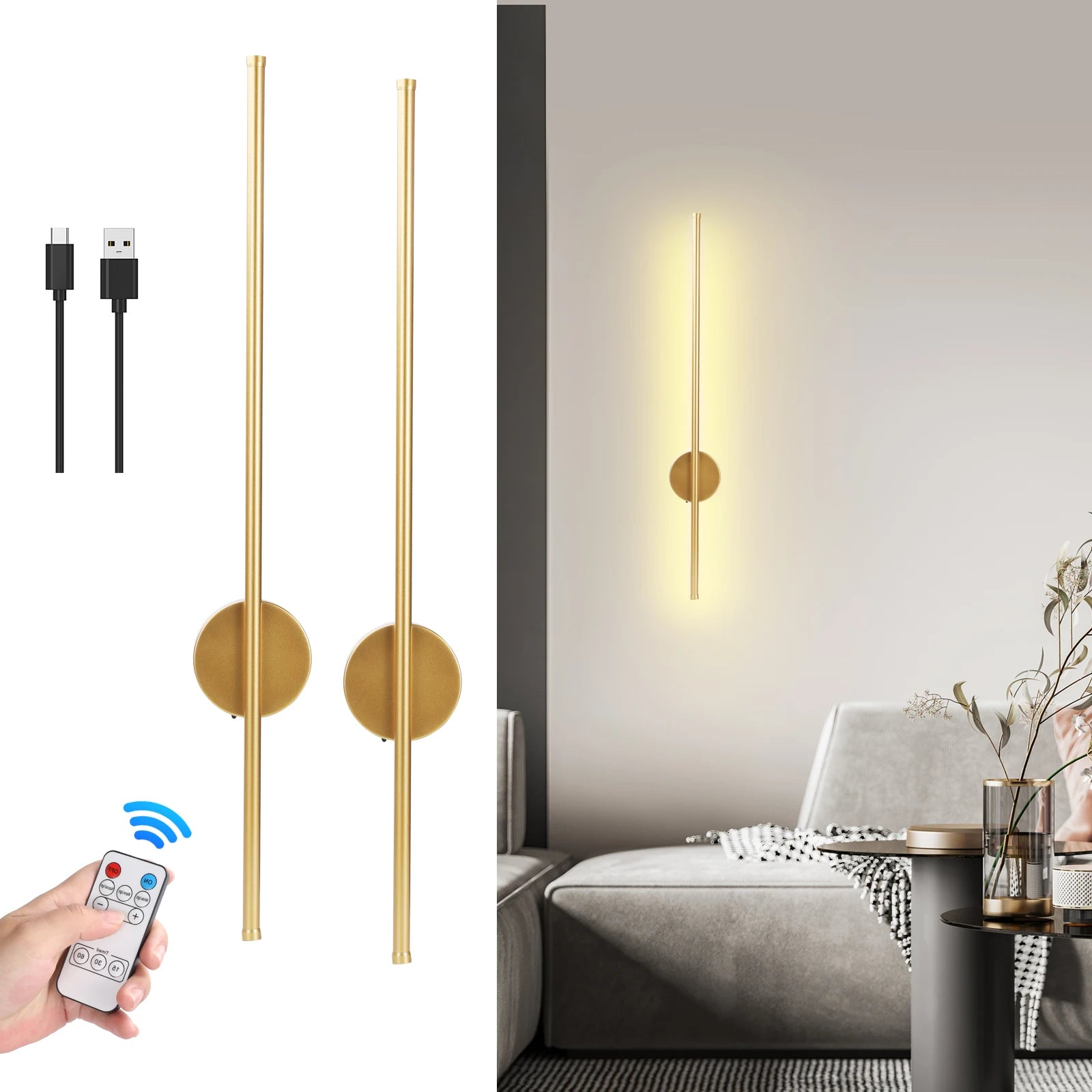 Arandela LED Linear Dourada Sem Fio com Controle 50cm