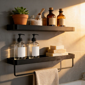 Prateleira Banheiro Porta Shampoo e Toalha Alumínio Preto Fosco Noir Resistente Miabeli
