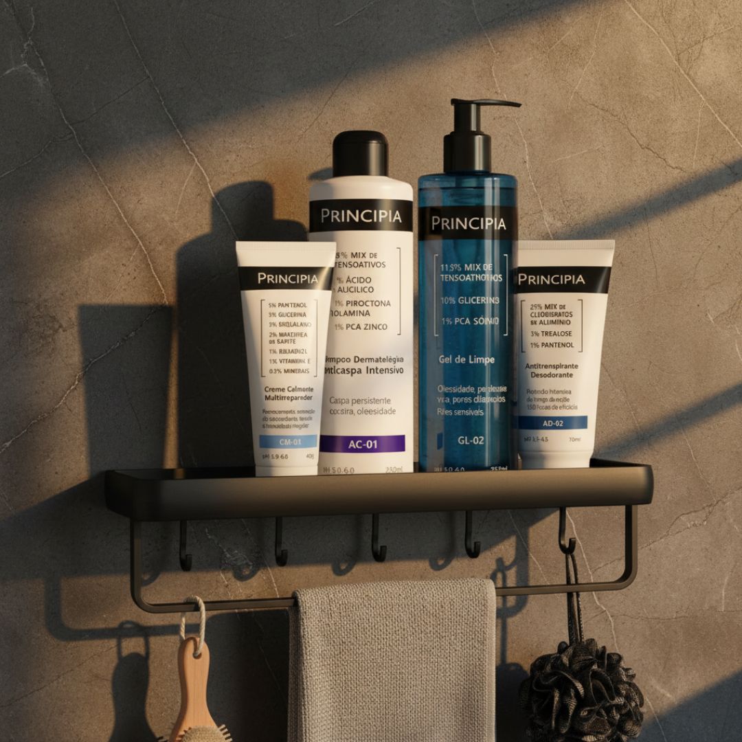 Prateleira Banheiro Porta Shampoo e Toalha Alumínio Preto Fosco Noir Resistente Miabeli