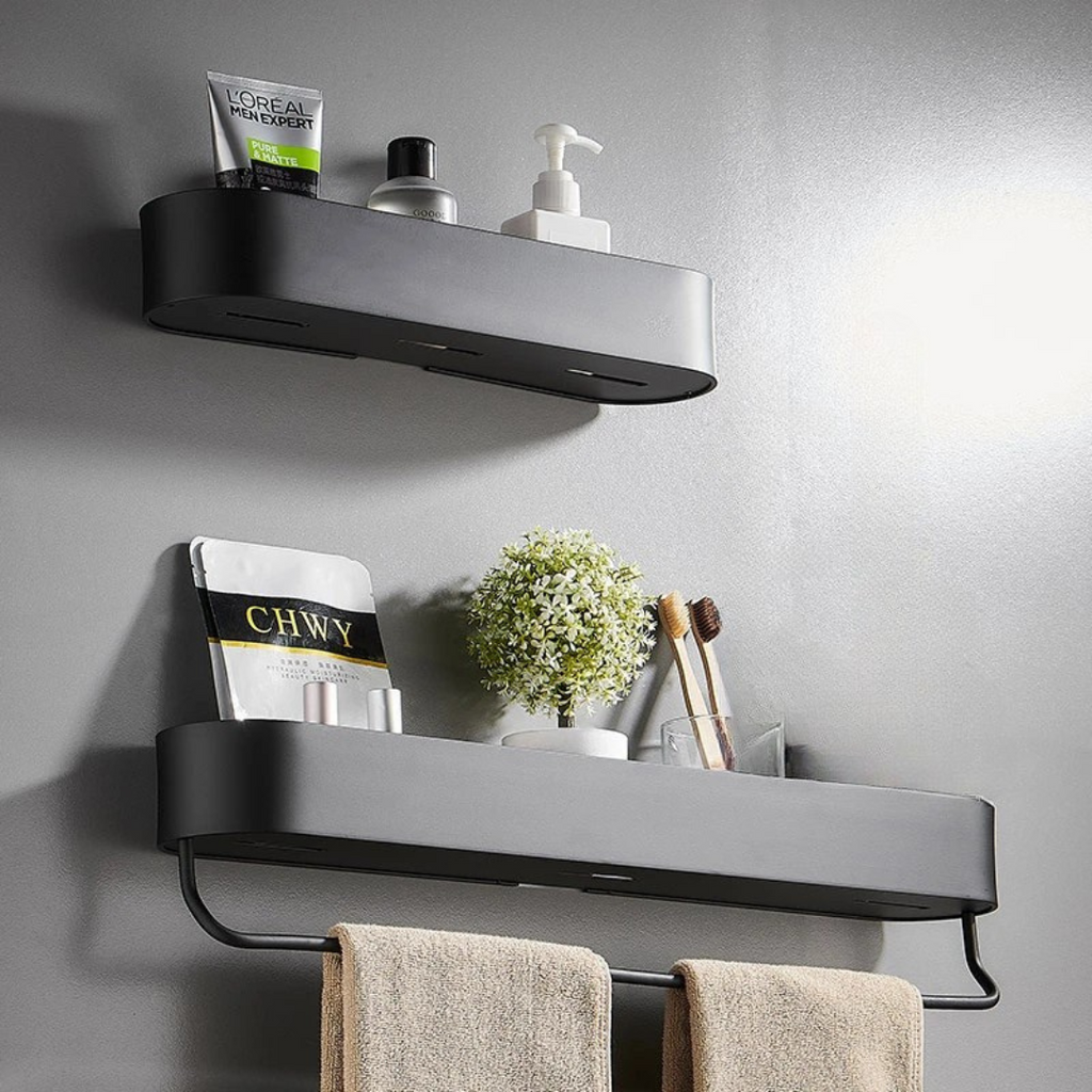 Prateleira de Aluminio Preta para Banheiro com Suporte de Toalha Integrado Modelo Noir