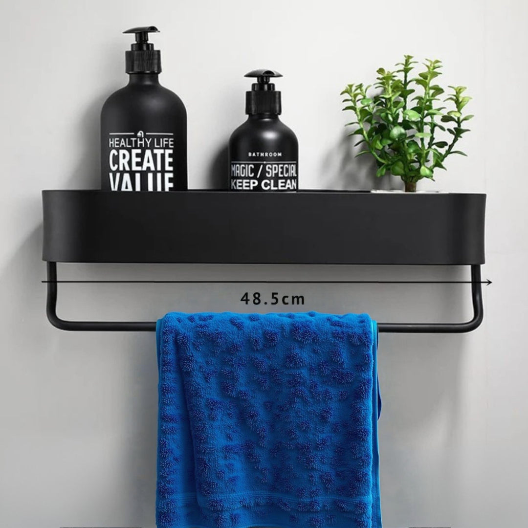 Prateleira de Aluminio Preta para Banheiro com Suporte de Toalha Integrado Modelo Noir