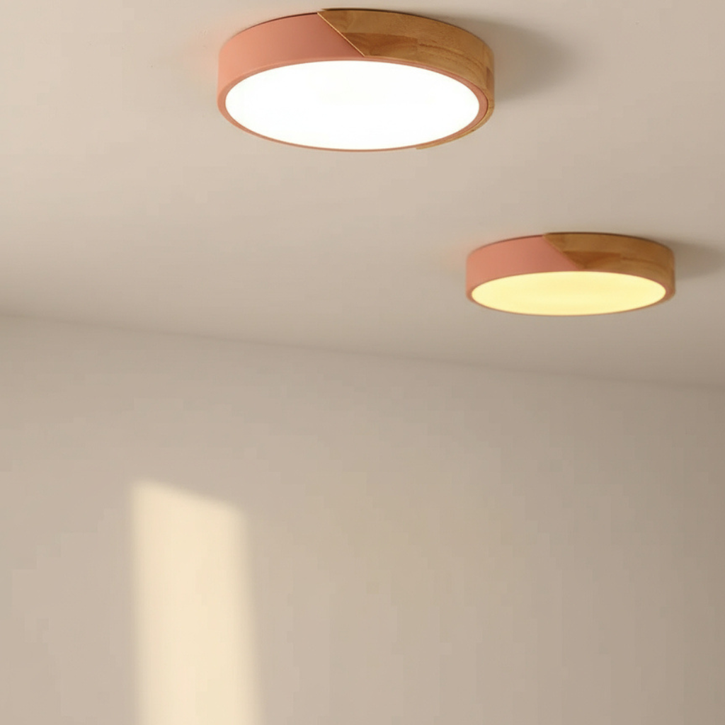 Plafon LED Sobrepor Madeira Redondo Ultrafino 5cm Corpo em Metal Dimerizavel 3 Tons
