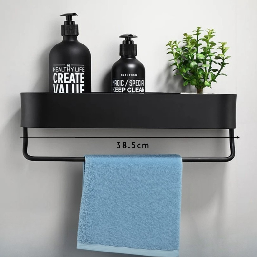 Prateleira de Aluminio Preta para Banheiro com Suporte de Toalha Integrado Modelo Noir