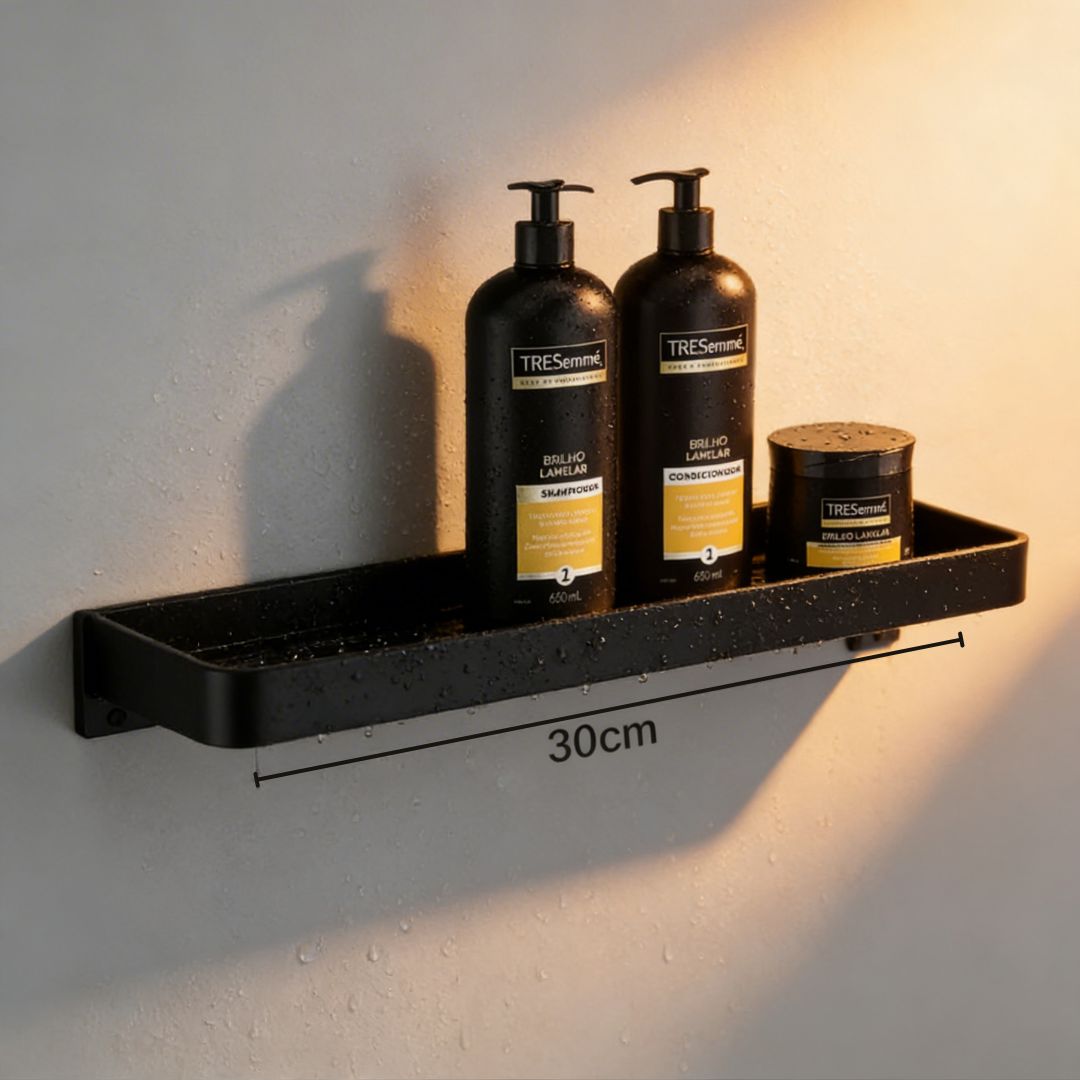 Prateleira Banheiro Porta Shampoo e Toalha Alumínio Preto Fosco Noir Resistente Miabeli