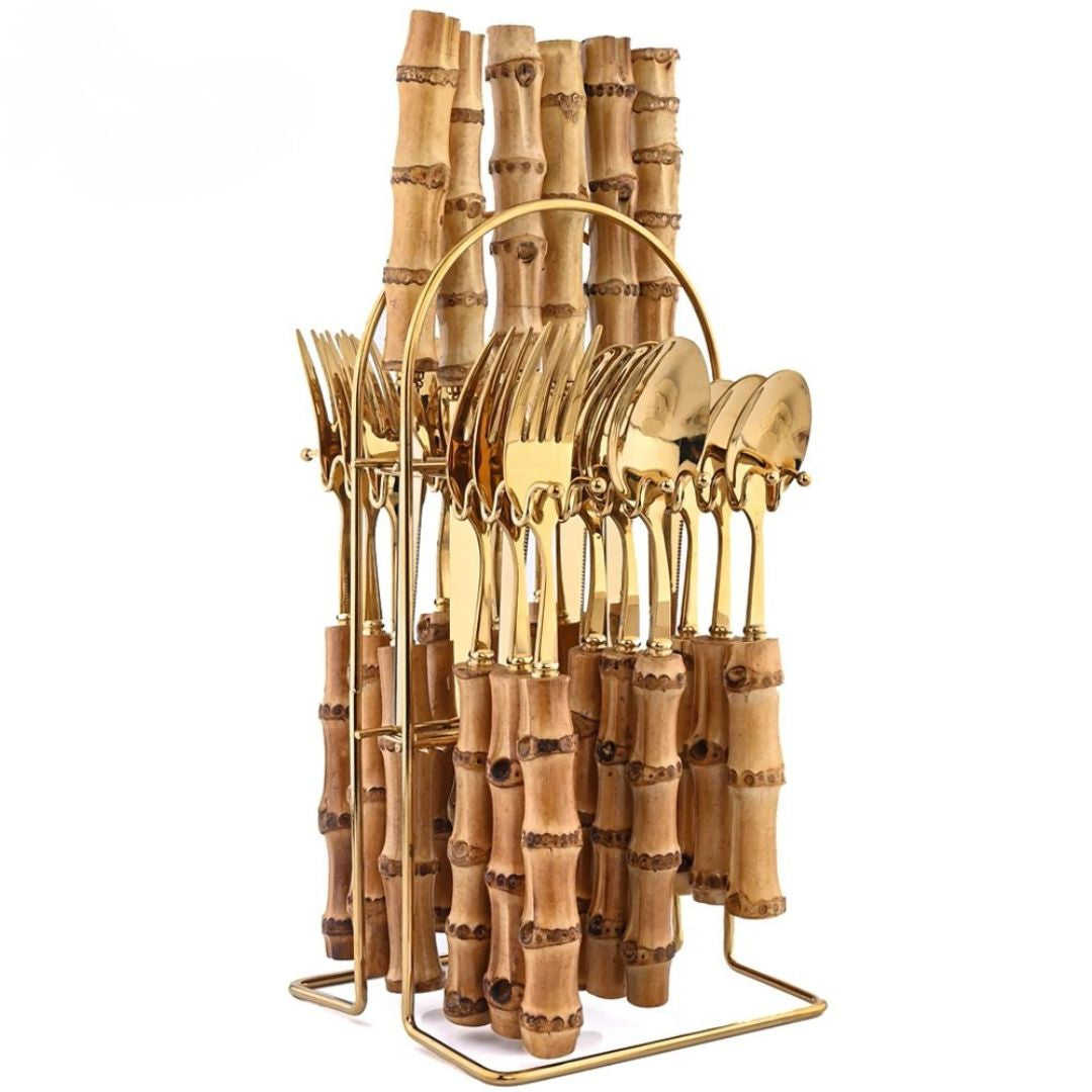 Conjunto de Talheres Cabo Bambu Natural 24 Peças Inox Miabeli