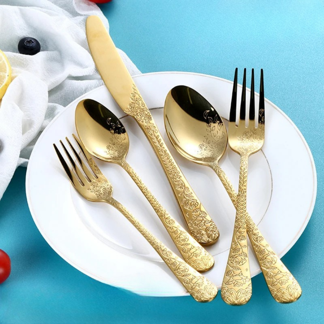 Conjunto de Talheres em Aço Inoxidável Preto Fosco com Relevo Luxo