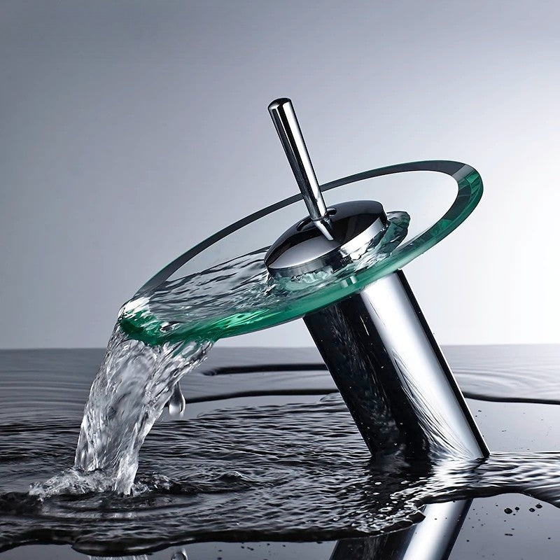 Torneira Cascata de Vidro e Metal Cromado para Banheiro Furo Unico Laton Soleil