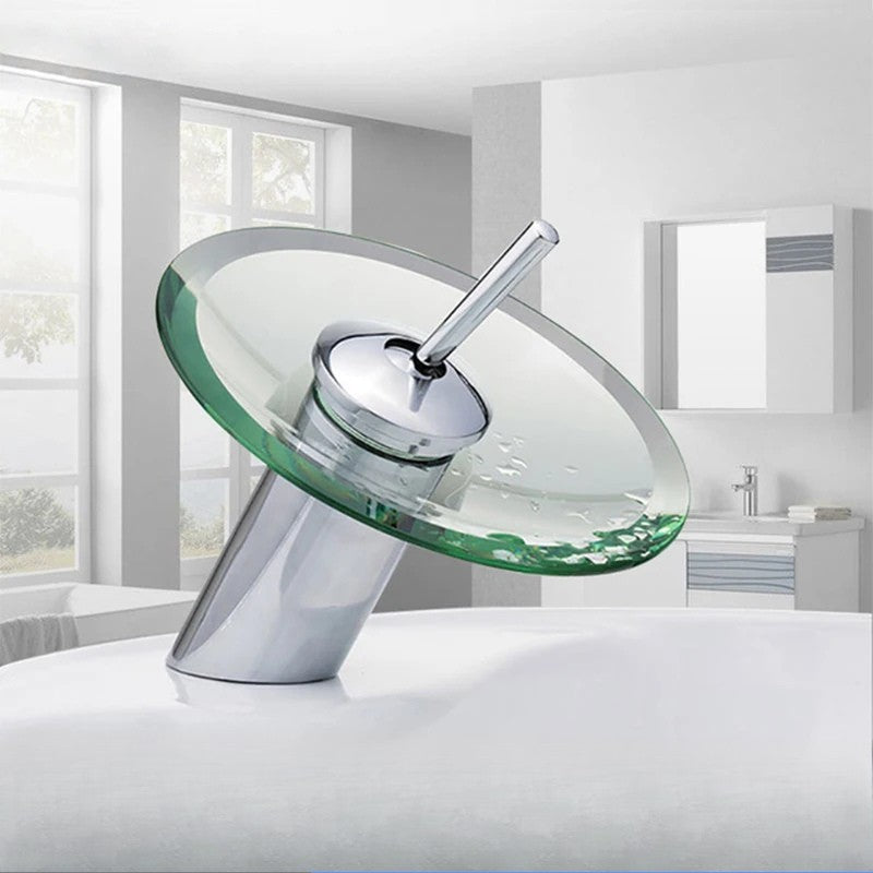 Torneira Cascata de Vidro e Metal Cromado para Banheiro Furo Unico Laton Soleil