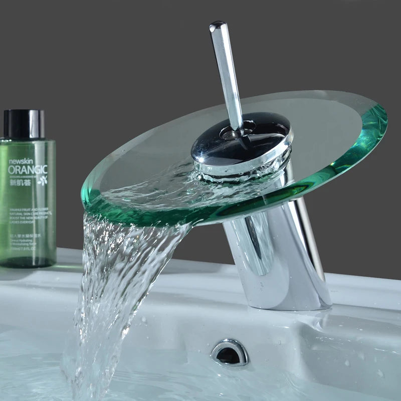 Torneira Cascata de Vidro e Metal Cromado para Banheiro Furo Unico Laton Soleil
