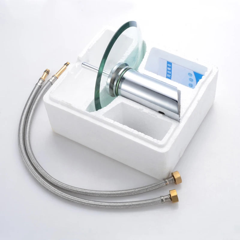 Torneira Cascata de Vidro e Metal Cromado para Banheiro Furo Unico Laton Soleil