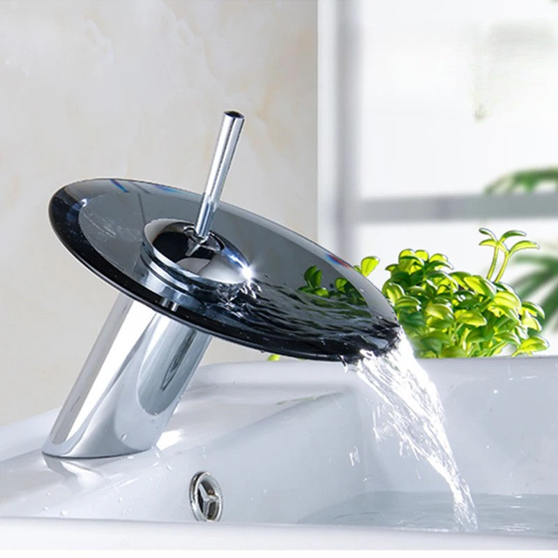 Torneira Cascata de Vidro e Metal Cromado para Banheiro Furo Unico Laton Soleil