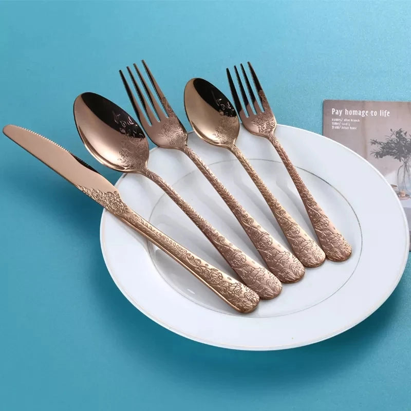 Conjunto de Talheres em Aço Inoxidável Preto Fosco com Relevo Luxo