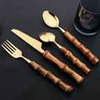 Conjunto de Talheres Cabo Bambu Natural 24 Peças Inox Miabeli
