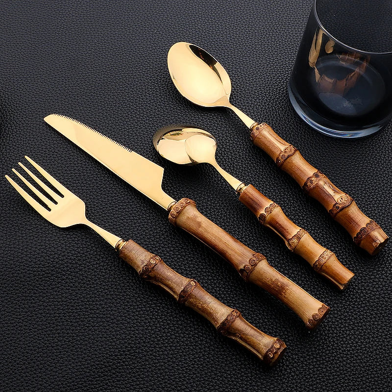 Conjunto de Talheres Cabo Bambu Natural 24 Peças Inox Miabeli