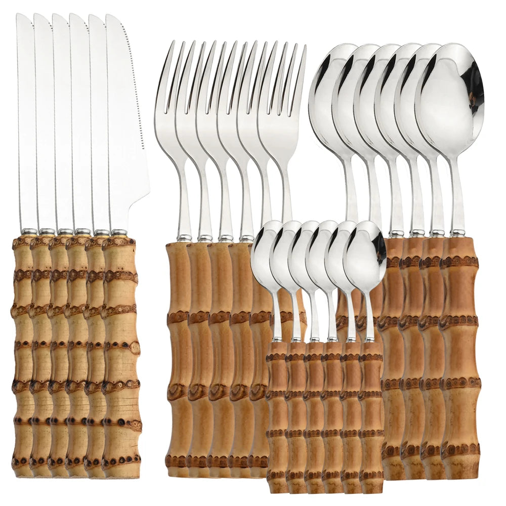 Conjunto de Talheres Cabo Bambu Natural 24 Peças Inox Miabeli
