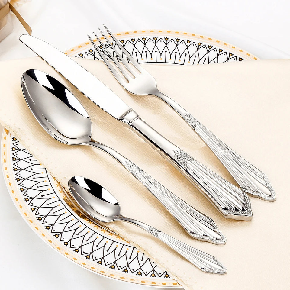 Conjunto Versailles 24pcs – Talheres de Aço Inox Prateado com Detalhes Clássicos
