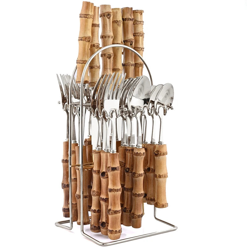 Conjunto de Talheres Cabo Bambu Natural 24 Peças Inox Miabeli