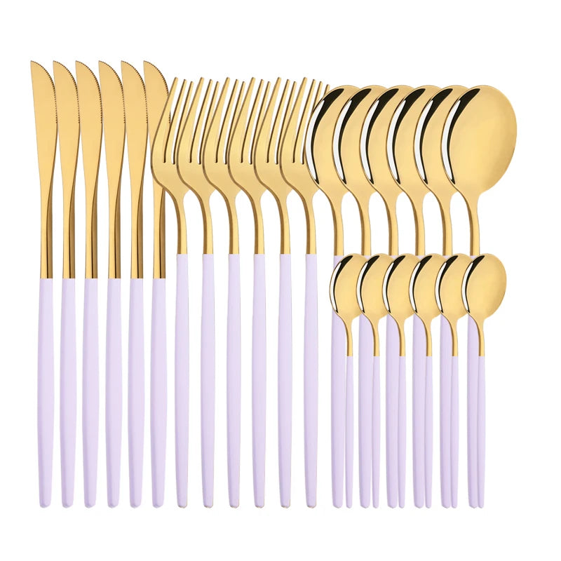 Conjunto de Talheres Lavanda Gold – 24 Peças com Toque Pastel