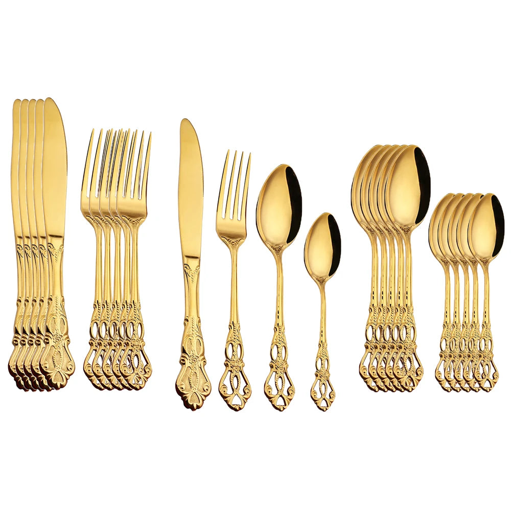 Conjunto de Talheres Dourados Inox Luxo 24 Peças