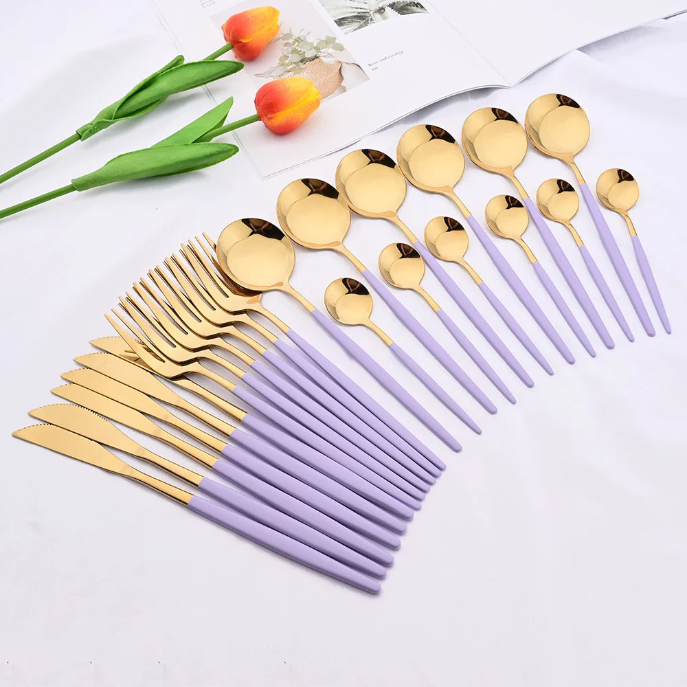Conjunto de Talheres Lavanda Gold – 24 Peças com Toque Pastel