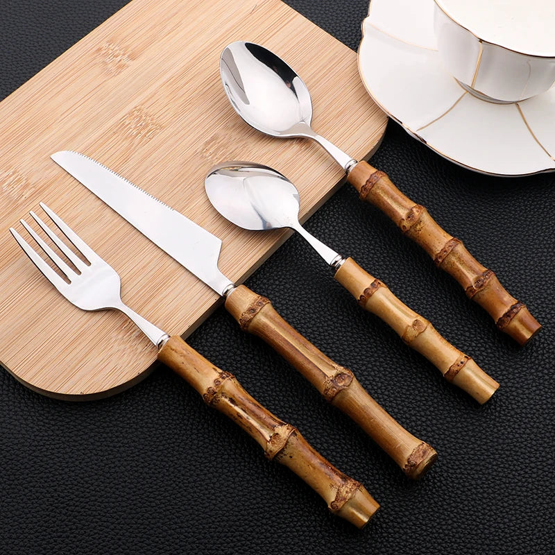 Conjunto de Talheres Cabo Bambu Natural 24 Peças Inox Miabeli