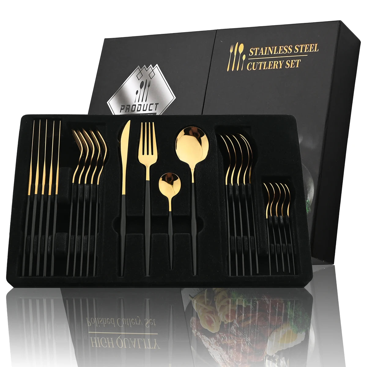 Conjunto de Talheres Dourados Inox 24 Peças Luxo