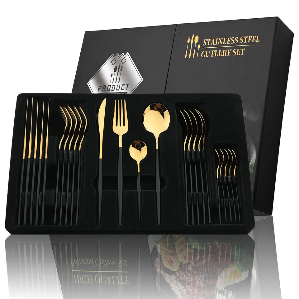 Conjunto de Talheres Dourados Inox 24 Peças Luxo