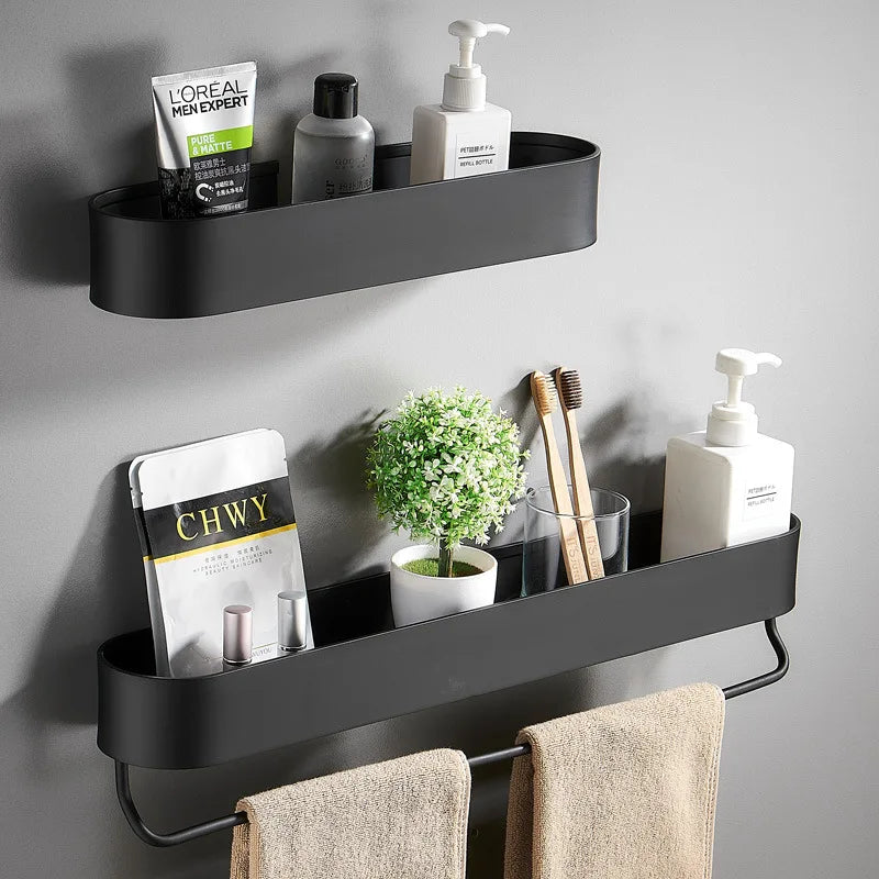 Prateleira de Aluminio Preta para Banheiro com Suporte de Toalha Integrado Modelo Noir