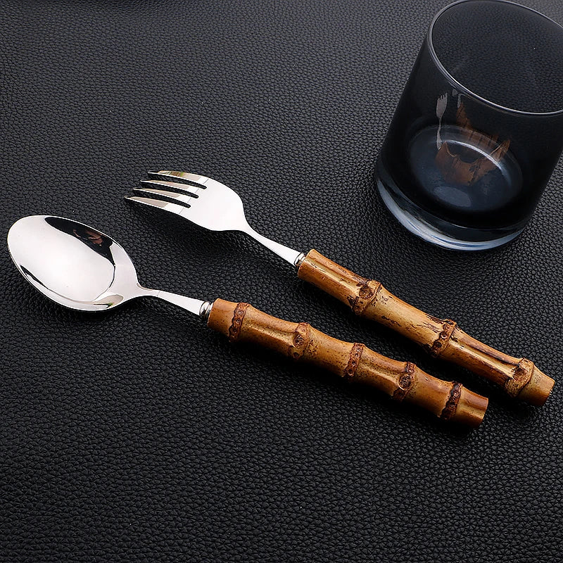 Conjunto de Talheres Cabo Bambu Natural 24 Peças Inox Miabeli