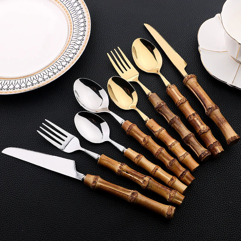 Conjunto de Talheres Cabo Bambu Natural 24 Peças Inox Miabeli