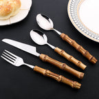 Conjunto de Talheres Cabo Bambu Natural 24 Peças Inox Miabeli