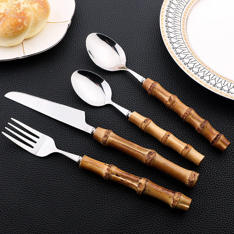 Conjunto de Talheres Cabo Bambu Natural 24 Peças Inox Miabeli