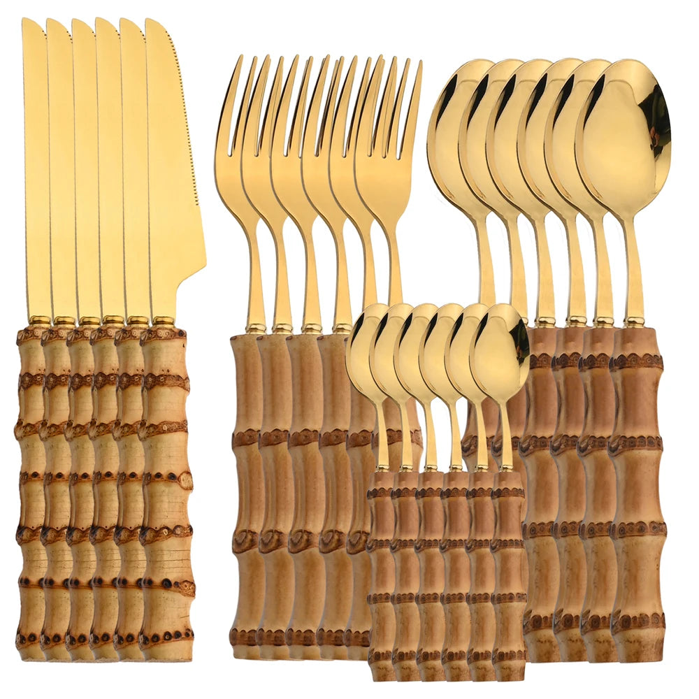 Conjunto de Talheres Cabo Bambu Natural 24 Peças Inox Miabeli