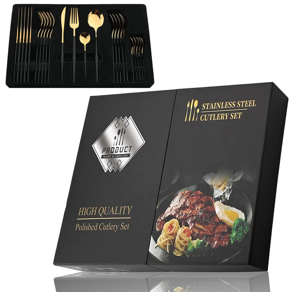 Conjunto de Talheres Dourados Inox 24 Peças Luxo