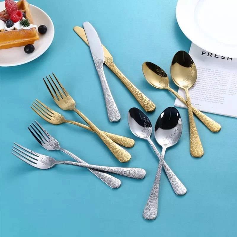 Conjunto de Talheres em Aço Inoxidável Preto Fosco com Relevo Luxo