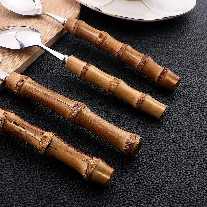 Conjunto de Talheres Cabo Bambu Natural 24 Peças Inox Miabeli