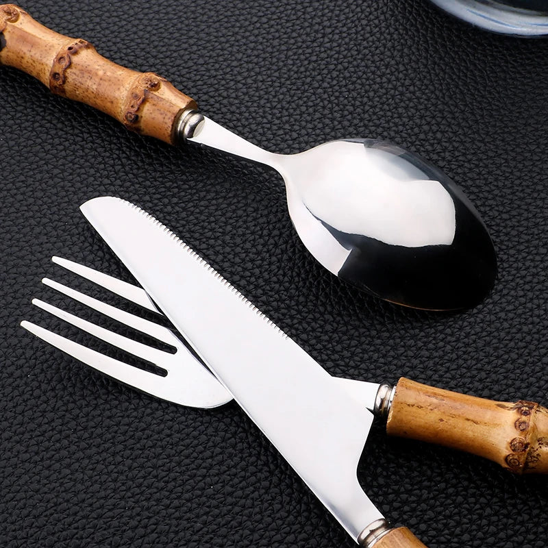 Conjunto de Talheres Cabo Bambu Natural 24 Peças Inox Miabeli