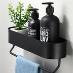 Prateleira de Aluminio Preta para Banheiro com Suporte de Toalha Integrado Modelo Noir