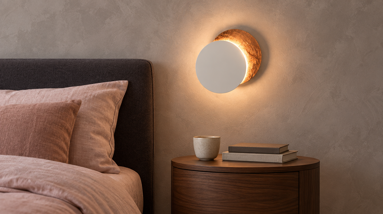 Arandela Eclipse Nórdica branca com fundo acobreado acesa ao lado da cama no quarto