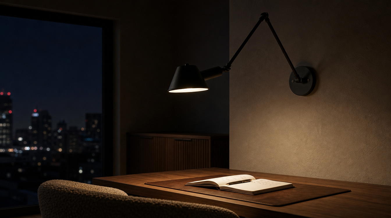 Arandela articulada Atelier preta com braço de 40 cm iluminando mesa de home office à noite