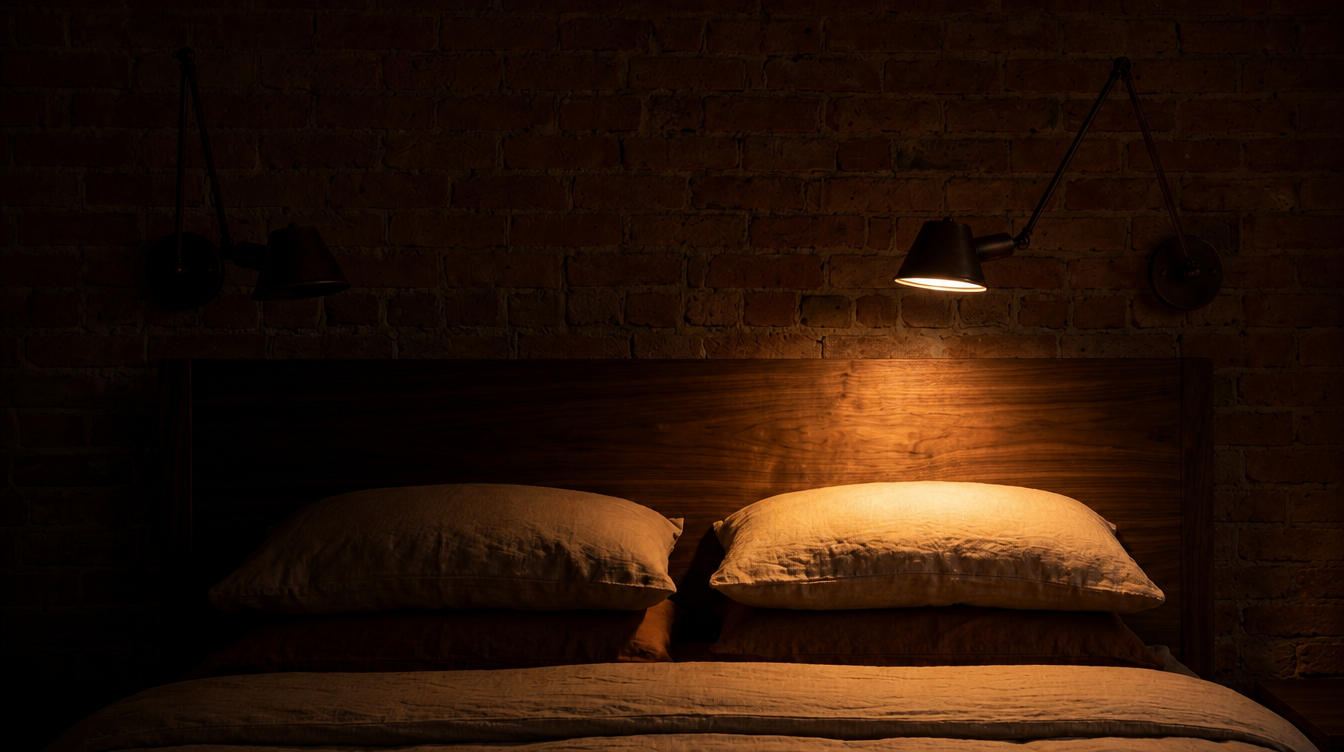 Par de arandelas articuladas Atelier pretas em parede de tijolo acima da cabeceira da cama