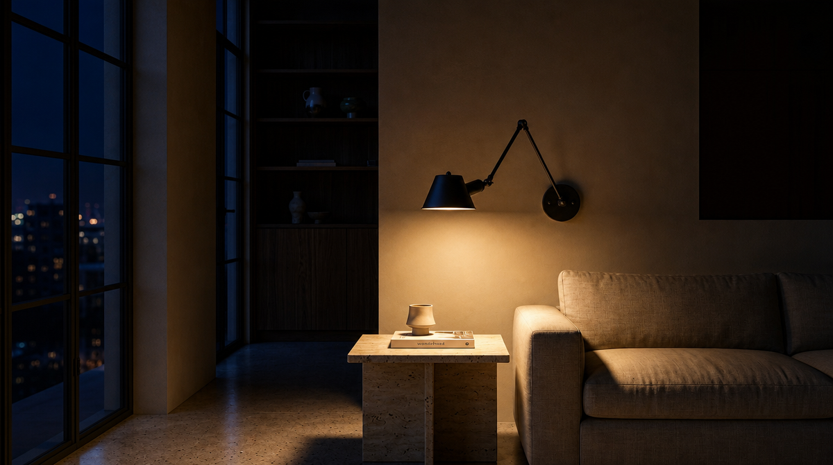 Arandela articulada Atelier preta ao lado do sofá iluminando mesa lateral na sala de estar
