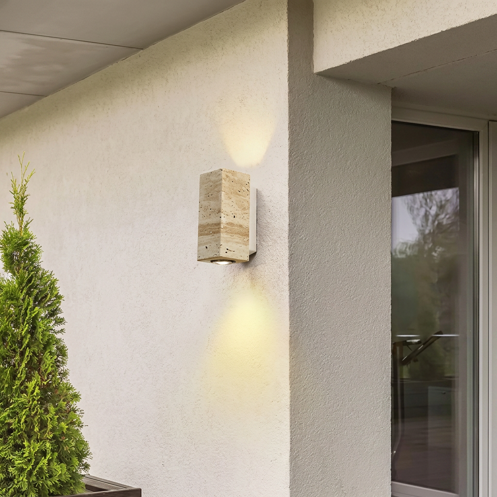 Arandela de travertino com base branca instalada em fachada externa