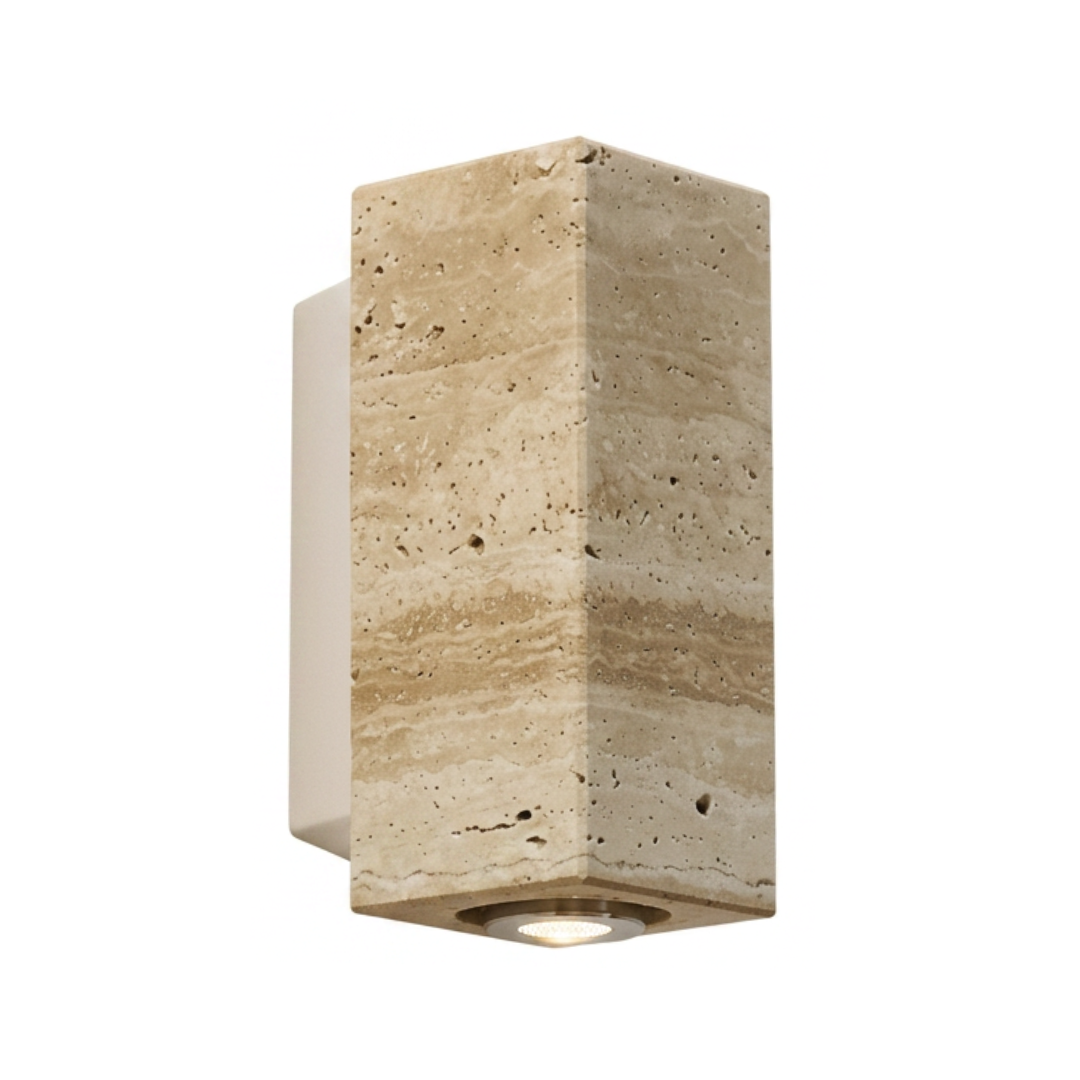 Arandela externa quadrada em travertino natural com base branca