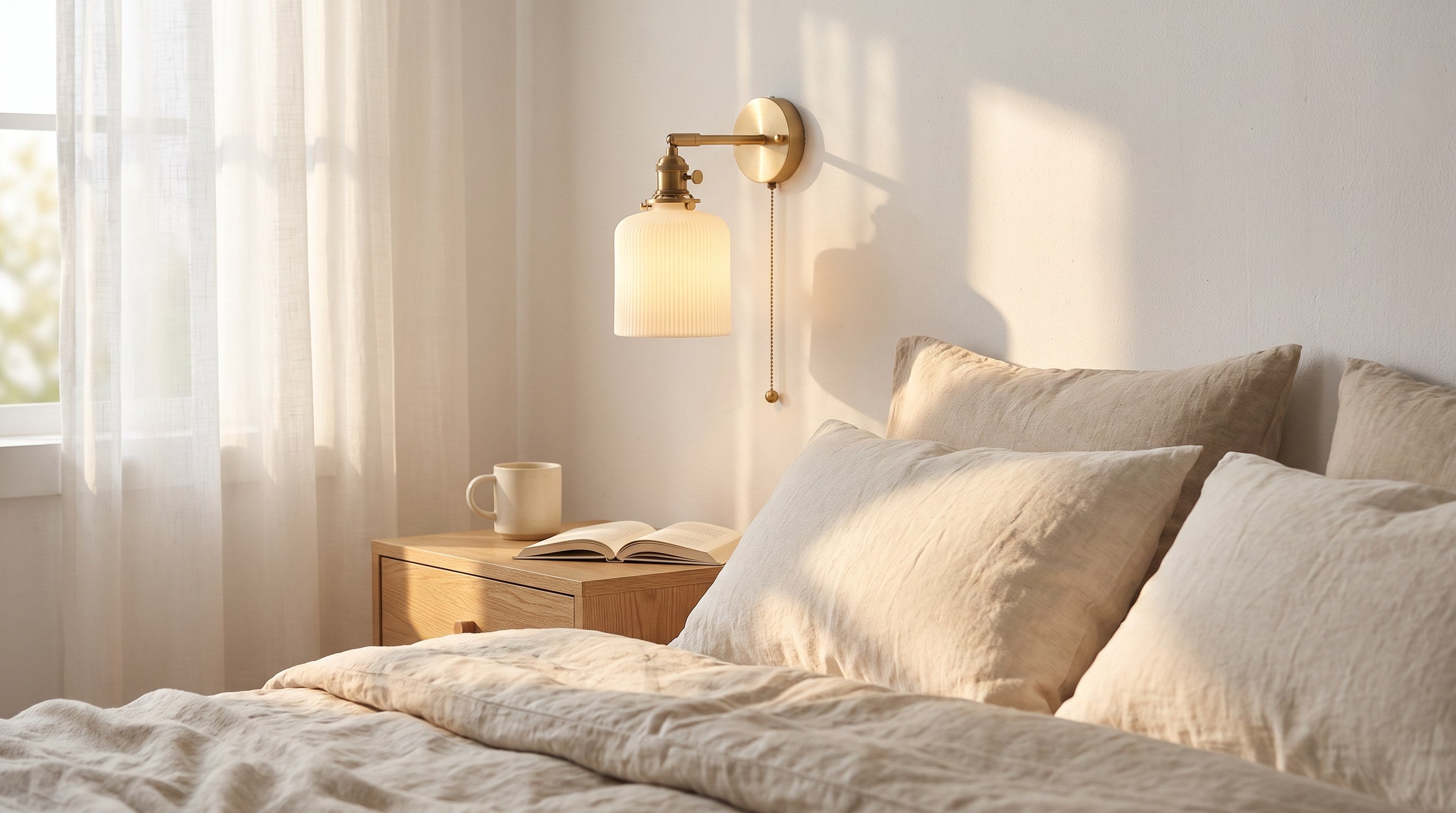 Arandela Bergen dourada com cúpula de cerâmica canelada ao lado da cama, com corrente ao alcance da mão