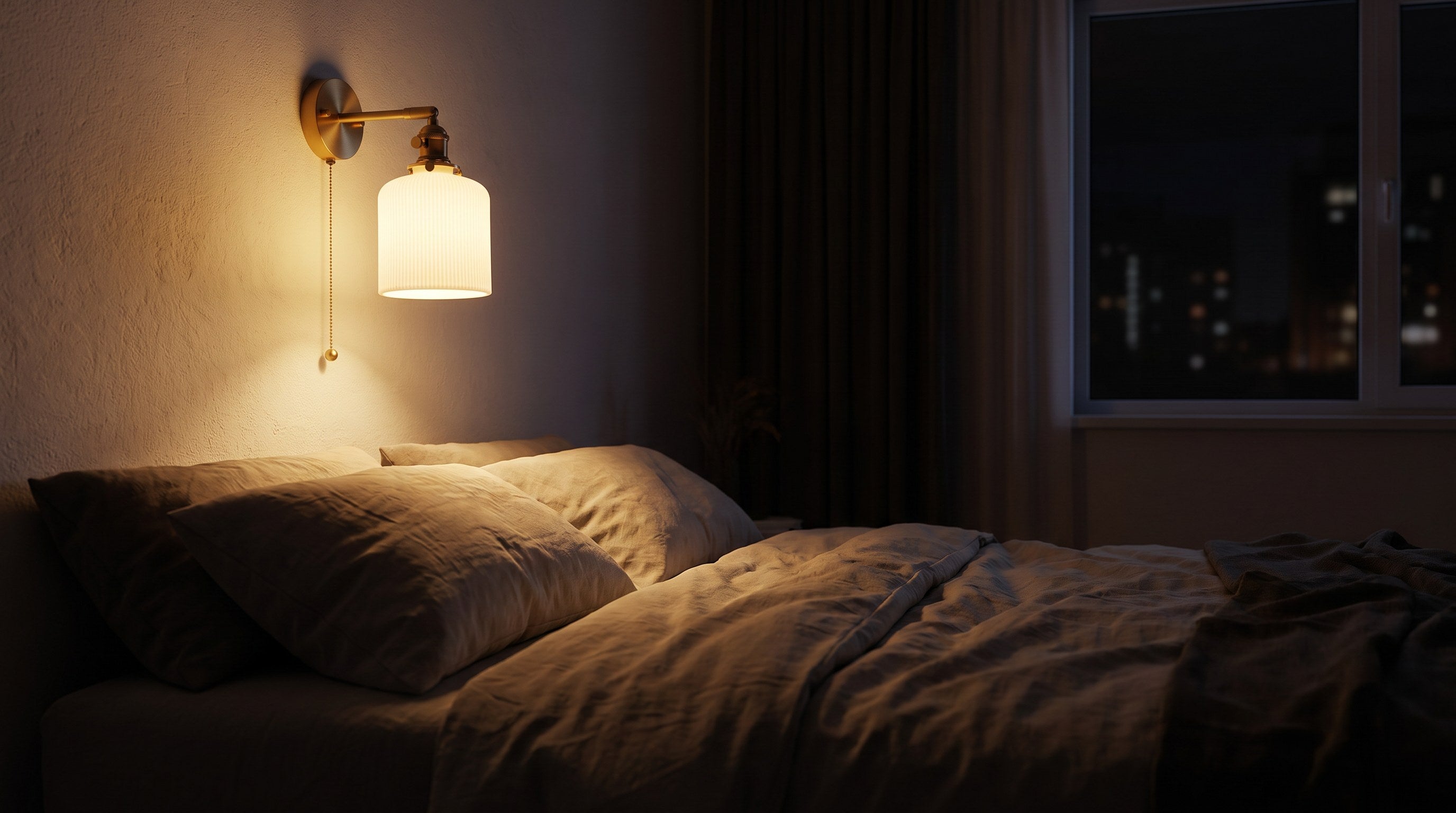 Arandela Bergen acesa à noite como luz de destaque na cabeceira do quarto