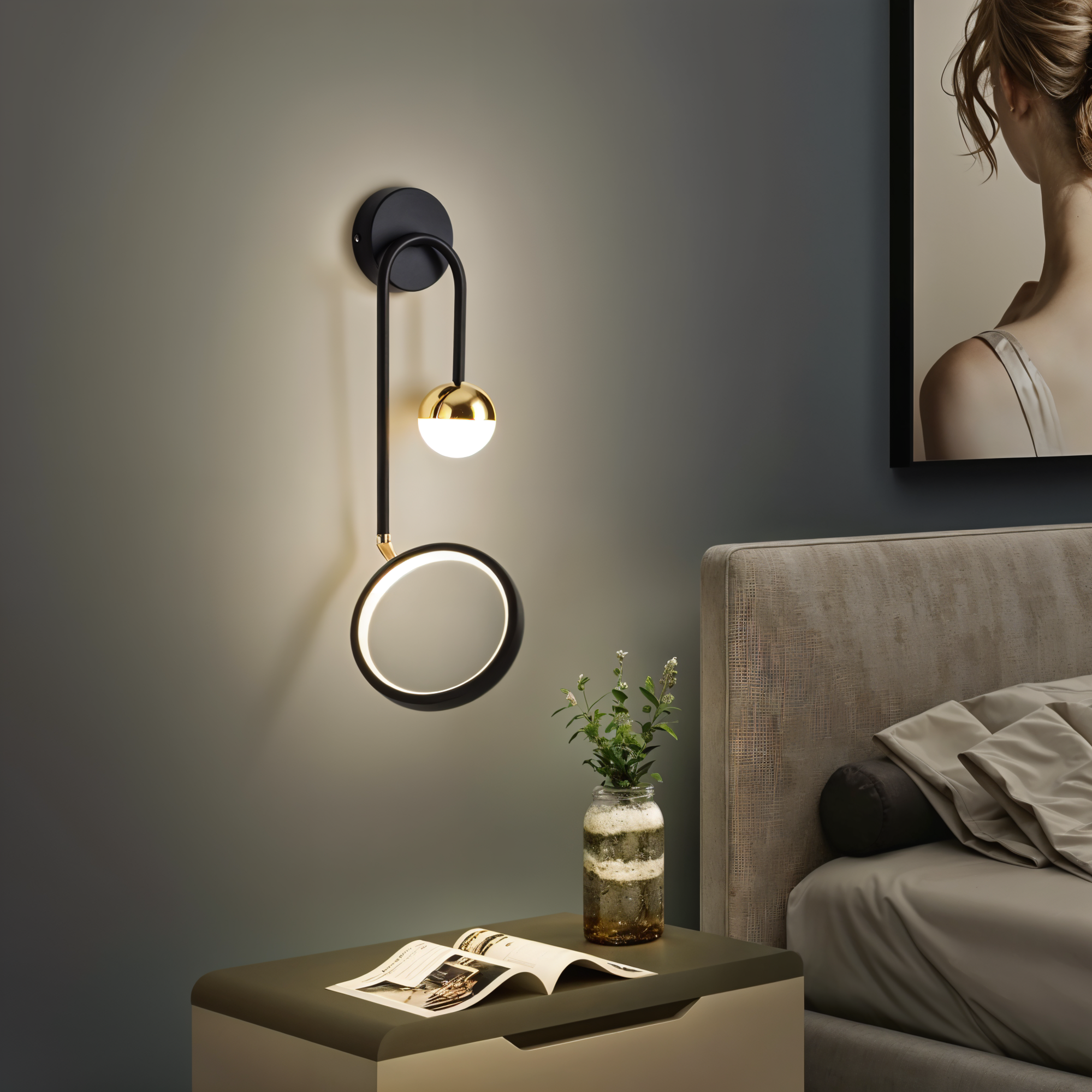 Arandela de Parede Metal Preto Dourado Globo Anel Circular Bivolt E27 48cm ContourGlow
