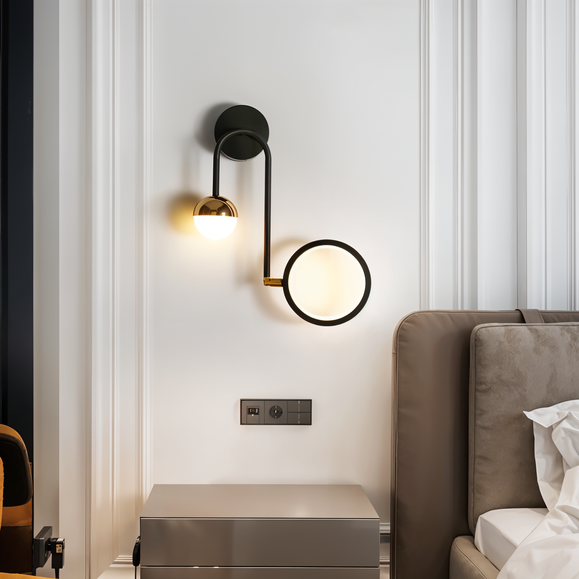 Arandela de Parede Metal Preto Dourado Globo Anel Circular Bivolt E27 48cm ContourGlow