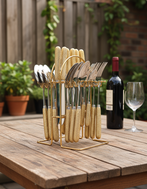 Conjunto de Talheres Dourado Imperial de Luxo com Suporte 24pcs